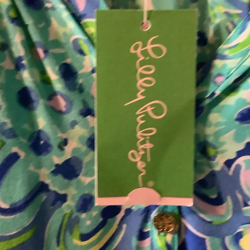 Lilly Pulitzer Swirl Print Blouse in Blue and Green, Elsa Top, Lilly’s Lagoon, S - Picture 4 of 7